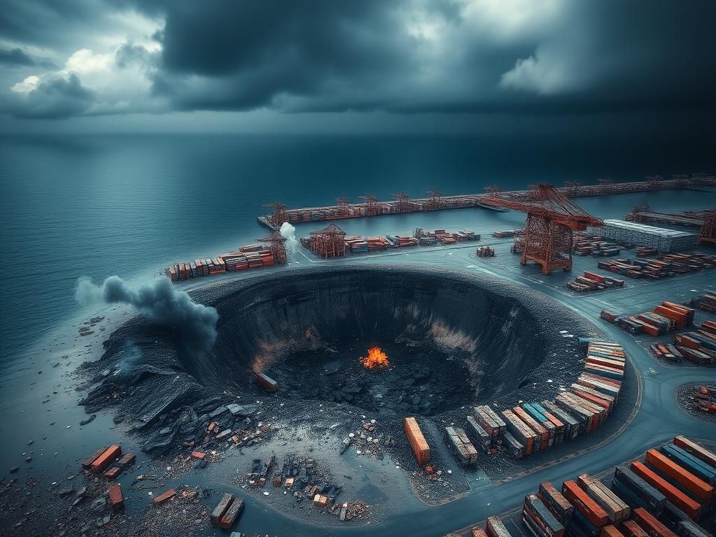 Flick International Aerial view of a devastated shipping port after a massive explosion