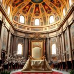 Flick International Serene interior of the Sistine Chapel with a large empty papal chair and Asian cultural motifs