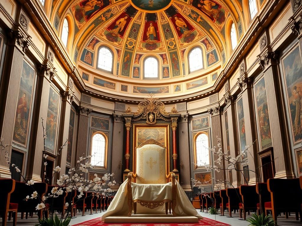 Flick International Serene interior of the Sistine Chapel with a large empty papal chair and Asian cultural motifs