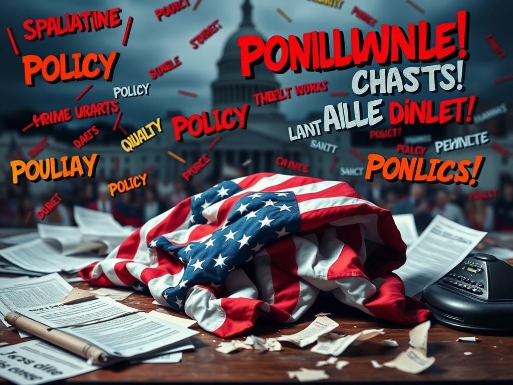 Flick International Crumpled American flag on a desk amidst chaos of floating curse words