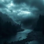 Flick International Dark, shadowy forest with a winding river and fog, suggesting hidden dangers