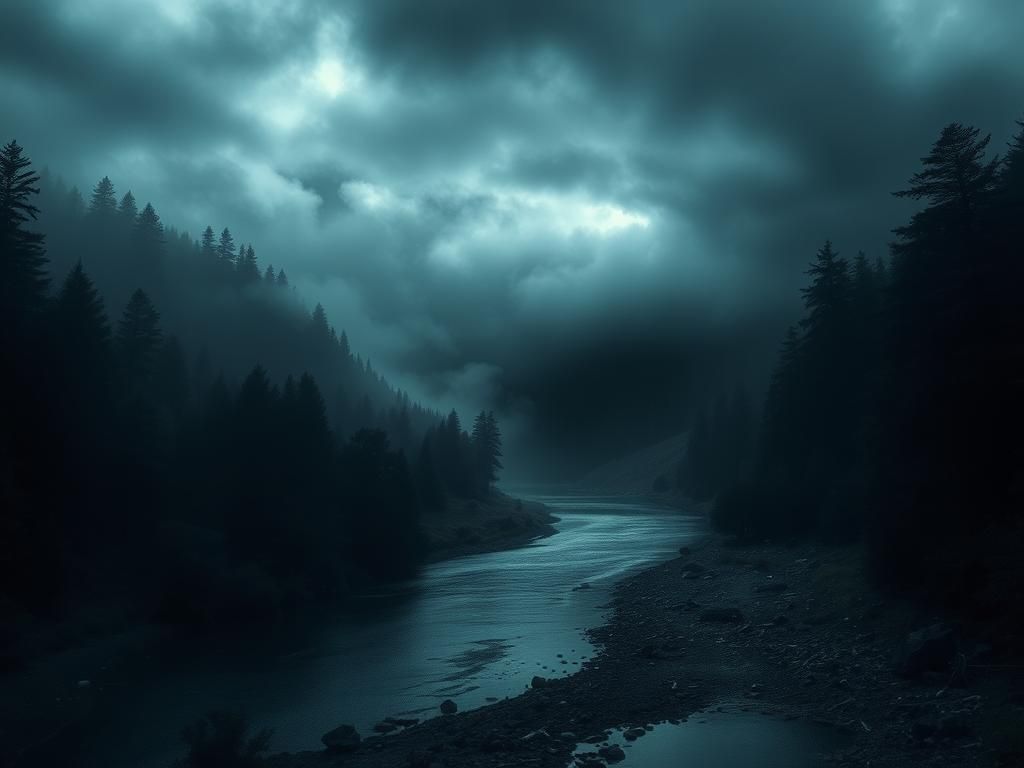 Flick International Dark, shadowy forest with a winding river and fog, suggesting hidden dangers