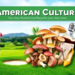 Flick International A vibrant collage of American culture featuring a scenic golf course, artistic mushroom displays, and iconic elements representing legendary women.