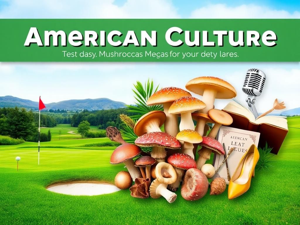 Flick International A vibrant collage of American culture featuring a scenic golf course, artistic mushroom displays, and iconic elements representing legendary women.