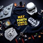 Flick International Assortment of Star Wars merchandise including LEGO, hoodies, and figurines on a textured black surface