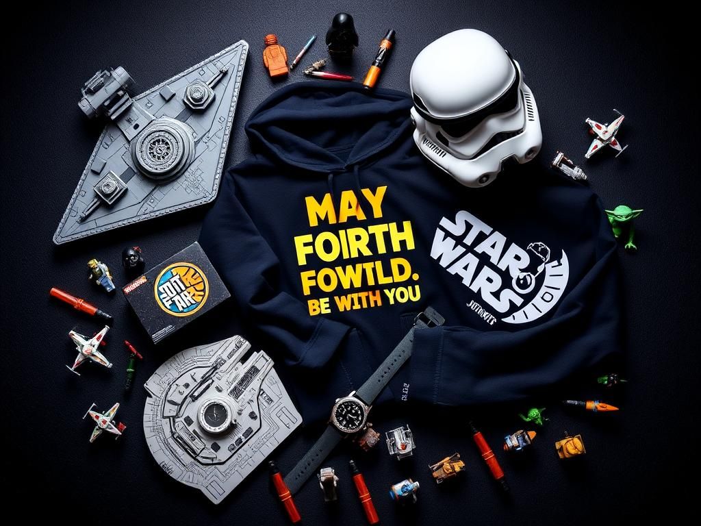Flick International Assortment of Star Wars merchandise including LEGO, hoodies, and figurines on a textured black surface