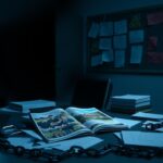 Flick International Dimly lit college admissions office with a cluttered desk and college brochures