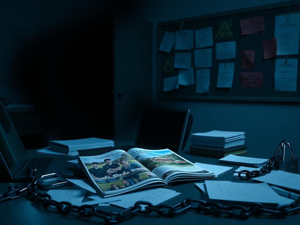 Flick International Dimly lit college admissions office with a cluttered desk and college brochures