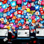 Flick International A dynamic digital landscape showcasing chaotic social media logos intertwined with symbols of misinformation, representing Gen Z's media habits.