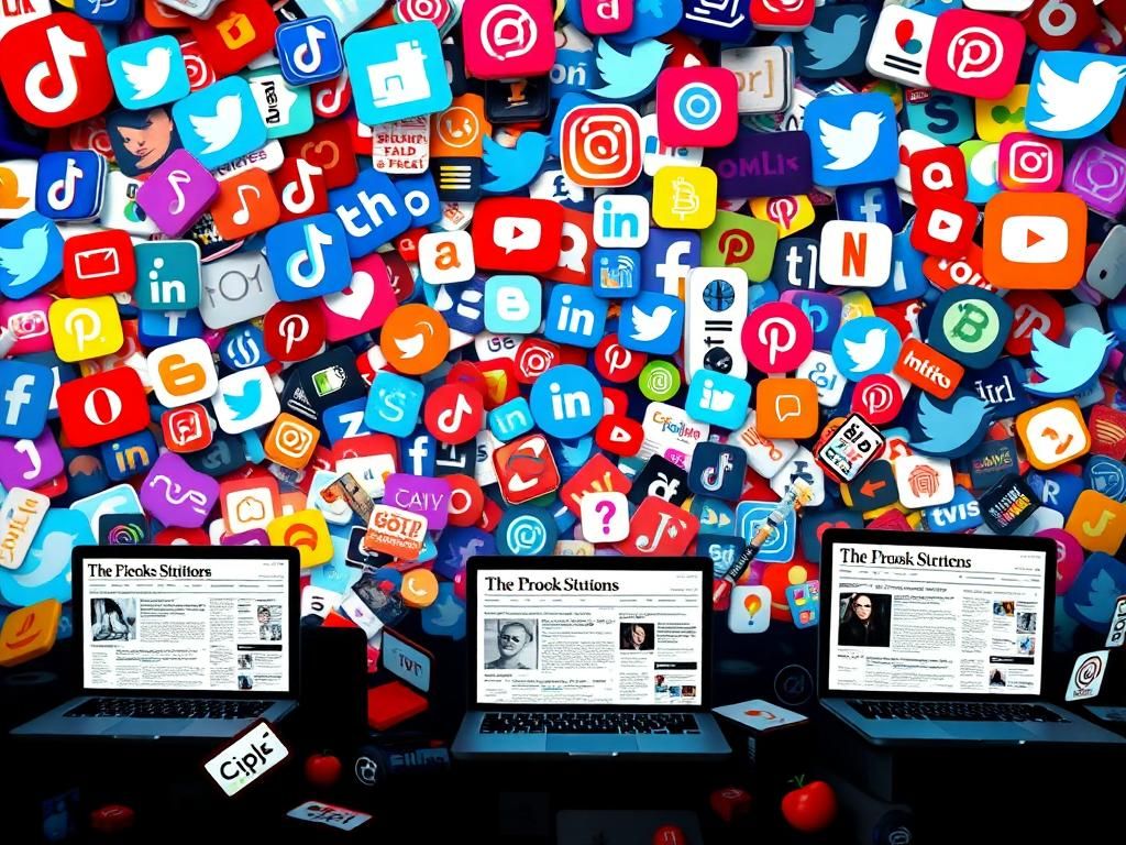 Flick International A dynamic digital landscape showcasing chaotic social media logos intertwined with symbols of misinformation, representing Gen Z's media habits.