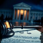 Flick International Close-up of a gavel on a legal document with scales of justice, symbolizing the legal system