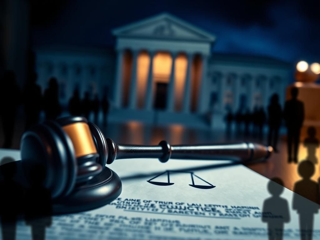 Flick International Close-up of a gavel on a legal document with scales of justice, symbolizing the legal system