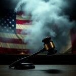 Flick International Dark courtroom with gavel and American flag symbolizing justice imbalance