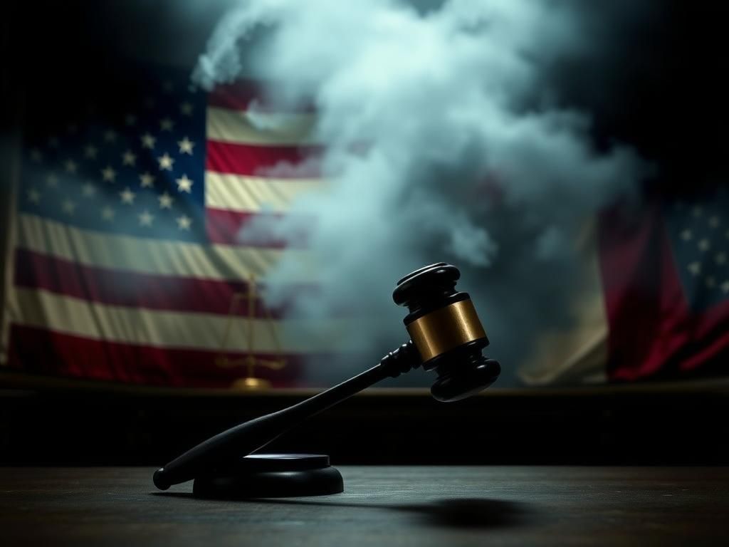 Flick International Dark courtroom with gavel and American flag symbolizing justice imbalance