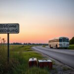 Flick International A serene roadside scene featuring an old 'Welcome to Reedsburg' sign and a vintage Greyhound bus.