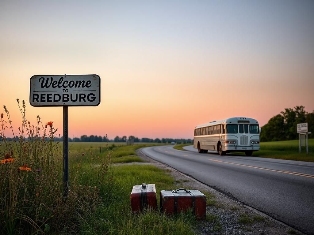 Flick International A serene roadside scene featuring an old 'Welcome to Reedsburg' sign and a vintage Greyhound bus.