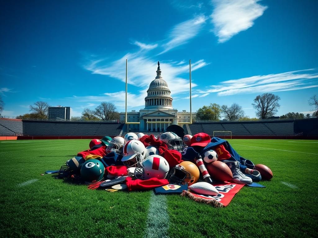 Flick International Artistic arrangement of college sports memorabilia on a football field with Capitol Hill in the background