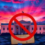 Flick International Silhouette of the White House at twilight with a No sign overlaying the U.S. Constitution