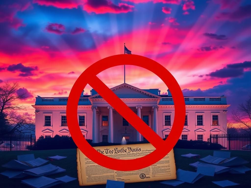 Flick International Silhouette of the White House at twilight with a No sign overlaying the U.S. Constitution