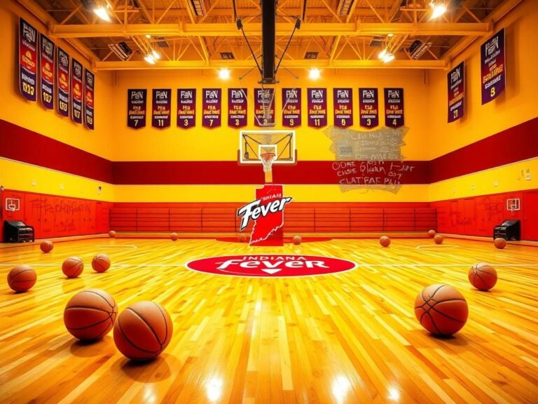 Flick International Vibrant basketball gym scene featuring Indiana Fever's Caitlin Clark and teammates preparing for preseason