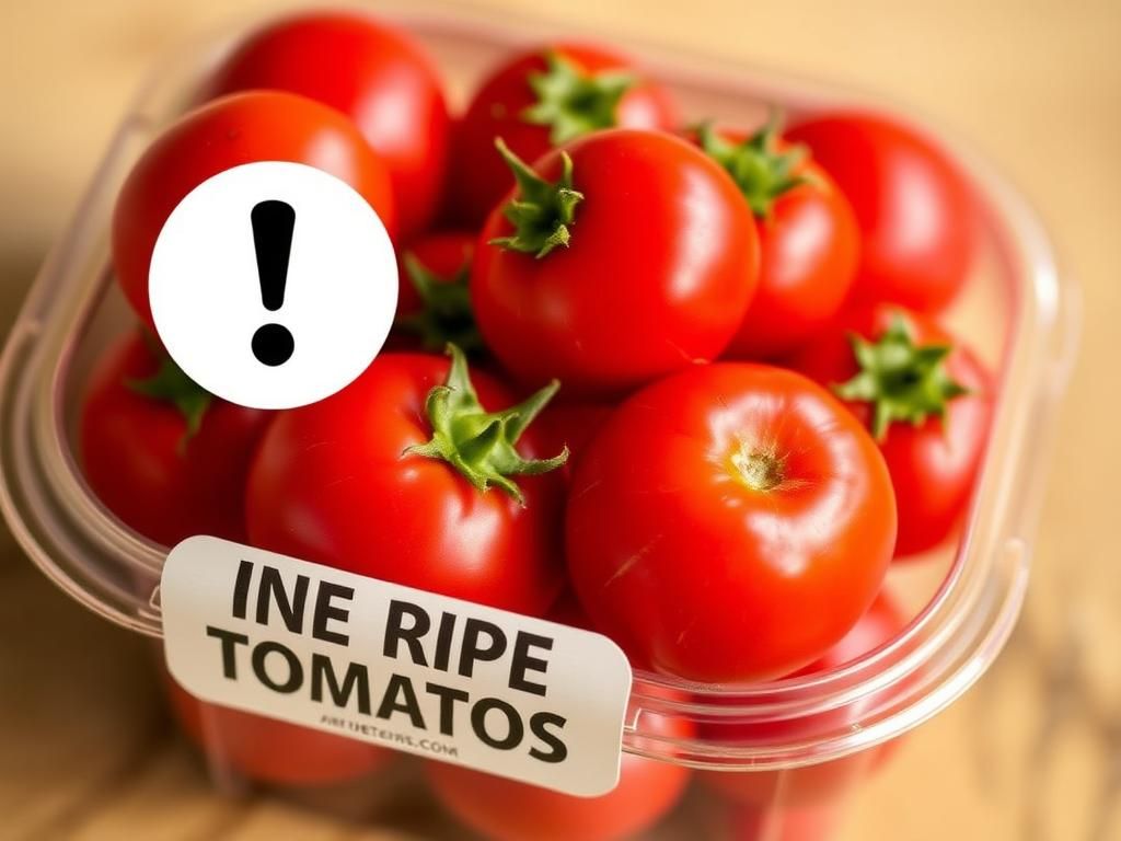 Flick International Close-up of vine-ripe tomatoes in a plastic clamshell container with a warning sign indicating salmonella risk