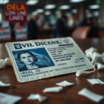 Flick International Close-up view of a weathered state-issued driver's license and REAL ID notice on a wooden table