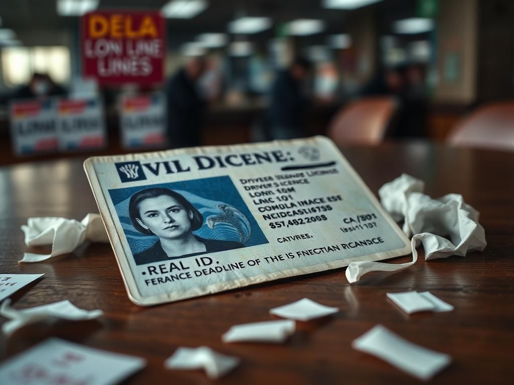 Flick International Close-up view of a weathered state-issued driver's license and REAL ID notice on a wooden table
