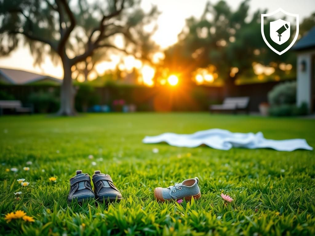 Flick International A serene outdoor family garden in Montecito, California, with children's shoes and toys on the grass.
