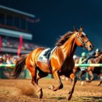Flick International Majestic racehorse Sovereignty crossing the finish line at the Kentucky Derby with vibrant crowd in the background