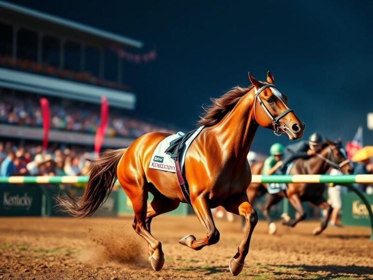 Flick International Majestic racehorse Sovereignty crossing the finish line at the Kentucky Derby with vibrant crowd in the background