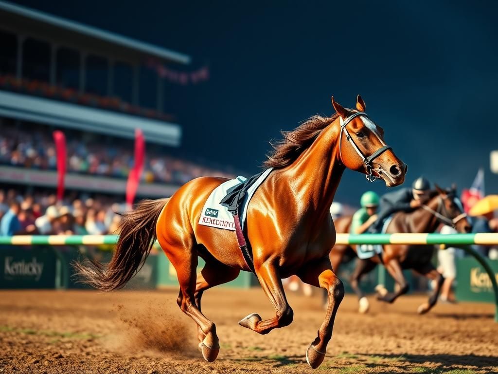 Flick International Majestic racehorse Sovereignty crossing the finish line at the Kentucky Derby with vibrant crowd in the background