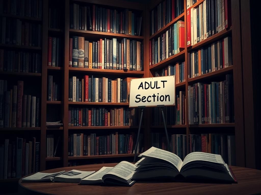 Flick International Dimly lit corner of a public library showcasing a tall bookshelf with colorful spines and a 'Teen' section sign