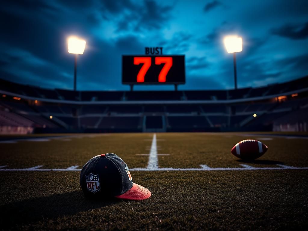 Flick International A discarded NFL draft cap lies on an empty football field at dusk