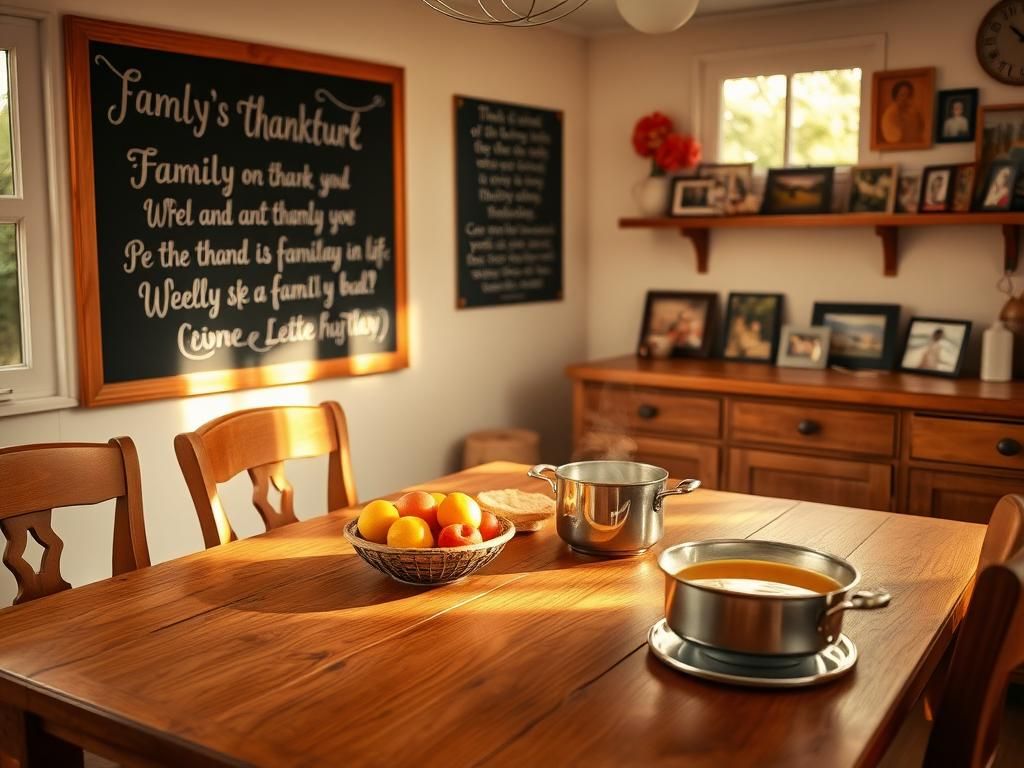 Flick International A warm family kitchen featuring a wooden table with a bowl of fruit and a pot of soup, symbolizing gratitude.