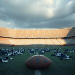 Flick International A disheveled football stadium under a cold, grey sky with an abandoned deflated football