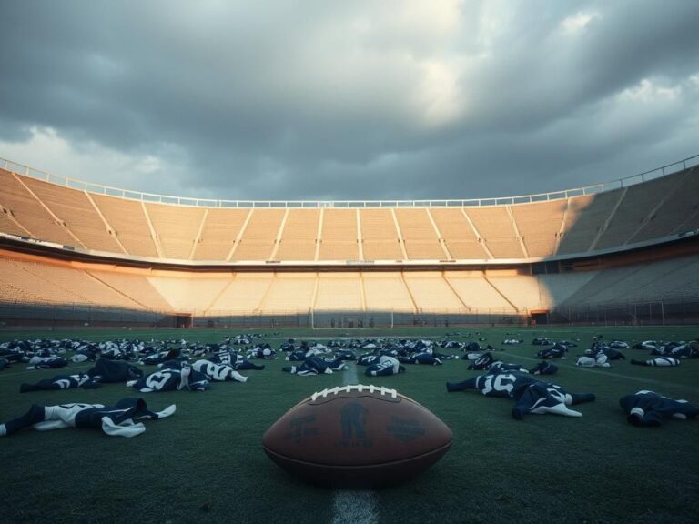 Flick International A disheveled football stadium under a cold, grey sky with an abandoned deflated football