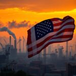 Flick International Large American flag waving in front of an industrial skyline with a contrasting crumbling Chinese skyline
