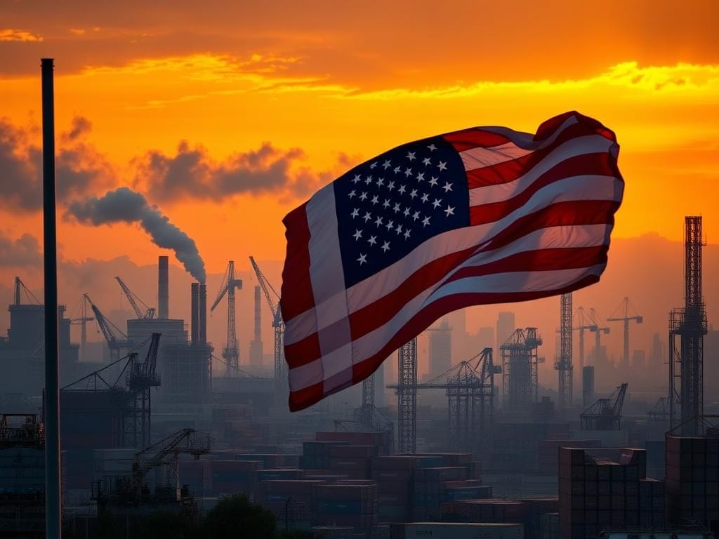 Flick International Large American flag waving in front of an industrial skyline with a contrasting crumbling Chinese skyline
