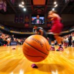 Flick International Dynamic basketball action during a WNBA preseason game featuring Indiana Fever and Washington Mystics