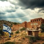 Flick International A dramatic landscape of Judea and Samaria featuring ancient ruins and olive trees under a stormy sky