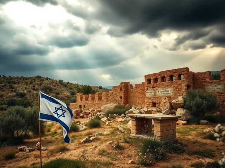 Flick International A dramatic landscape of Judea and Samaria featuring ancient ruins and olive trees under a stormy sky