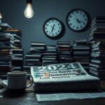 Flick International Dimly lit room with political books and a coffee cup