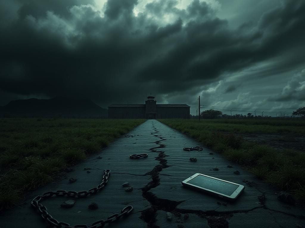 Flick International Dark landscape of El Salvador with a high-security prison and stormy skies