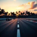 Flick International High-speed racetrack scene at dawn with F1 cars and colorful sunrise