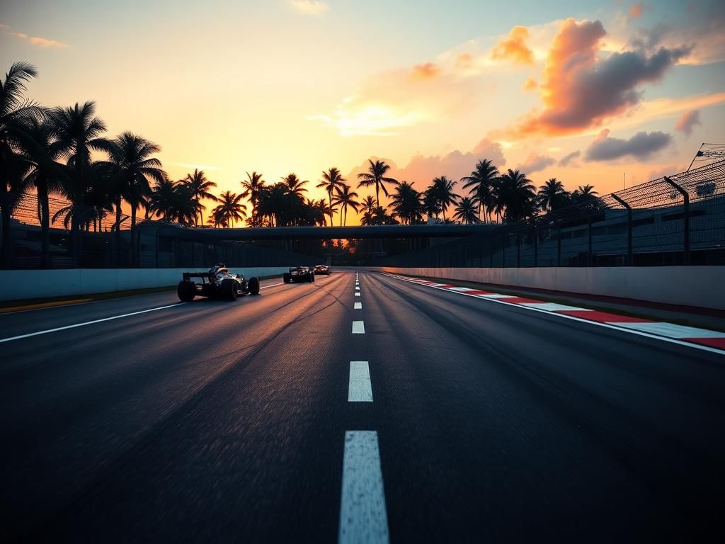 Flick International High-speed racetrack scene at dawn with F1 cars and colorful sunrise