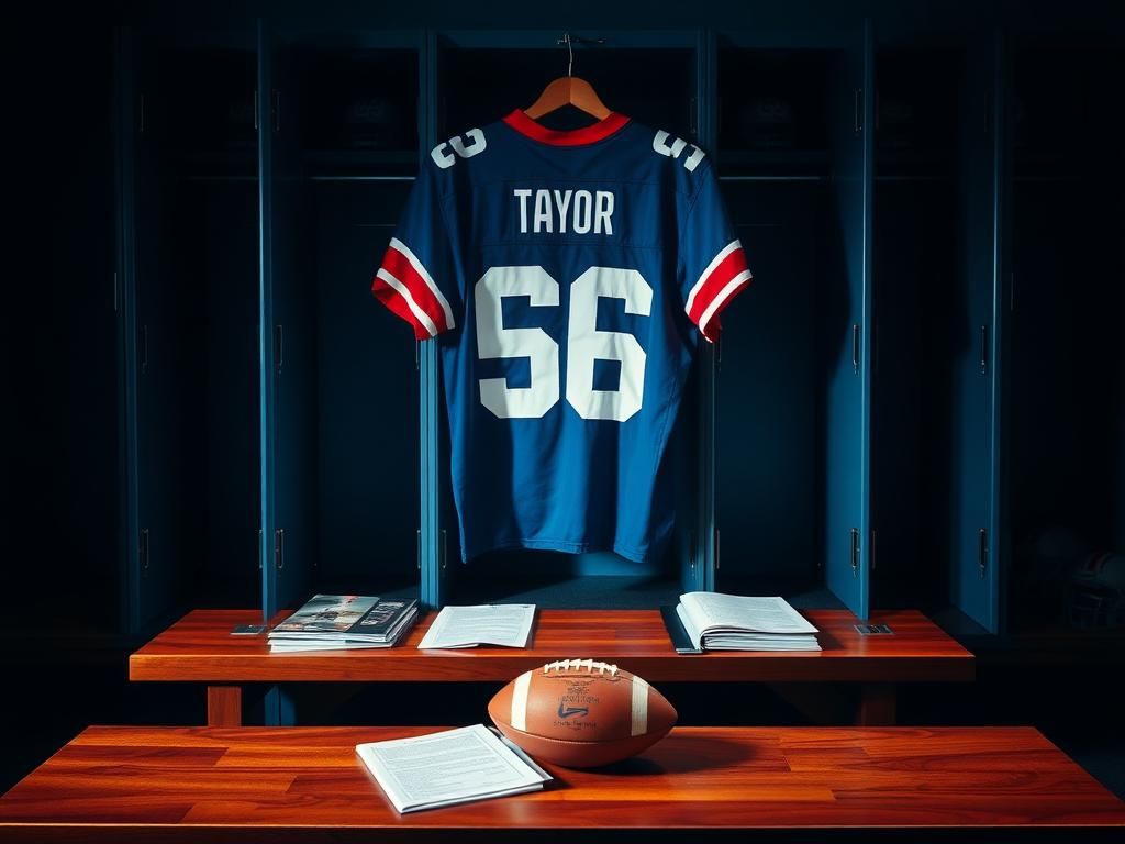 Flick International Empty New York Giants locker with a blue and red jersey featuring the number 56, symbolizing Lawrence Taylor's legacy.