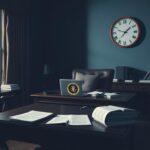 Flick International Abstract representation of a presidential office with a large desk and documents symbolizing internal debates.