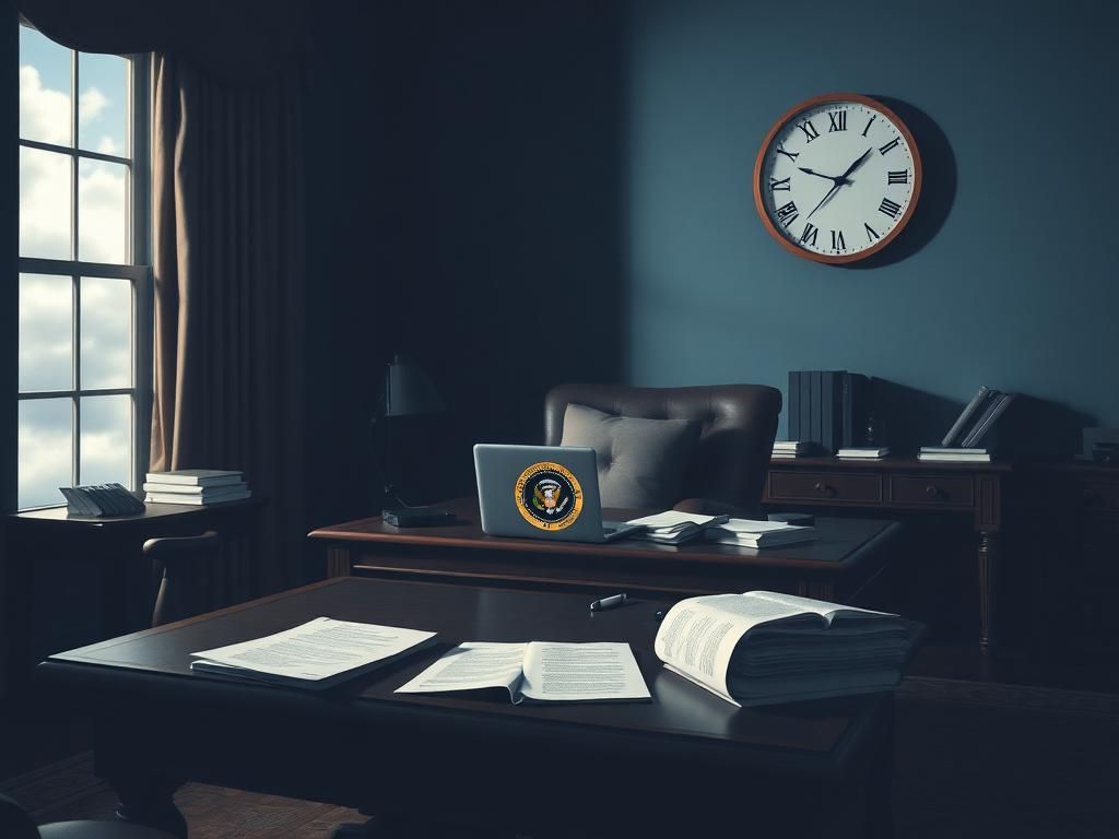 Flick International Abstract representation of a presidential office with a large desk and documents symbolizing internal debates.