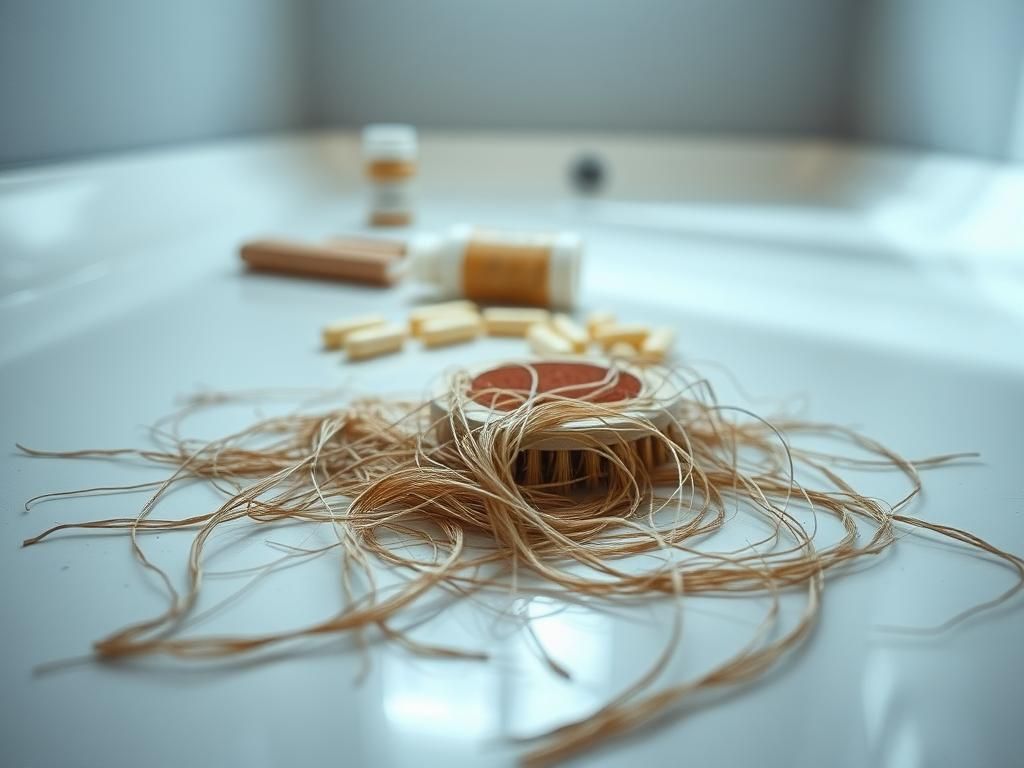 Flick International Close-up of long fallen hair on a reflective bathroom floor, symbolizing hair loss.