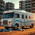 Flick International mobile health clinic converted from a pope-mobile parked on a dirt road in Gaza